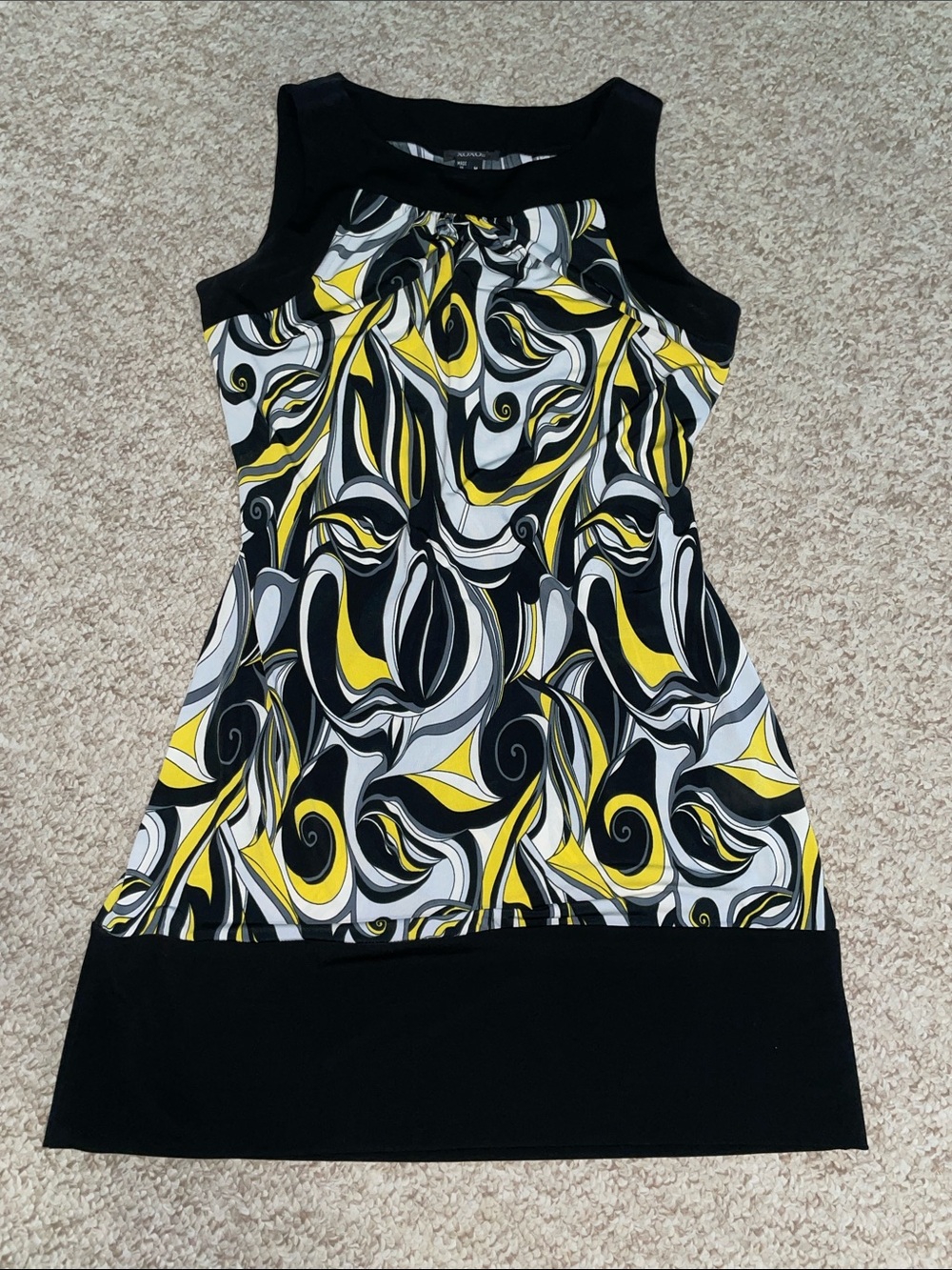 Sleeveless Black, Yellow and White Swirl Print Mini Dress